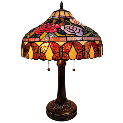Tiffany Style Table Lamp Banker 23" Tall Stained Glass Red Green Tan Floral Flower Butterfly Antique Vintage Light Decor Living Room Bedroom Handmade Gift AM060TL16B Amora Lighting