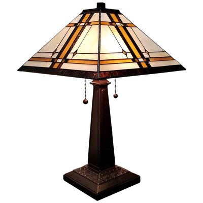 Tiffany Style Table Lamp Banker Mission 22" Tall Stained Glass White Tan Brown Antique Vintage Light Decor Nightstand Living Room Bedroom Handmade Gift AM1053TL14, 14 " Diameter Amora Lighting