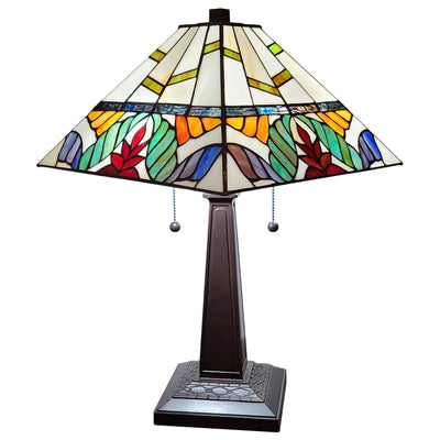 Amora Lighting Tiffany Style Table Lamp Banker Mission 22" Tall Stained Glass Ivory Colorful Leaves Antique Vintage Light Decor Nightstand Living Room Bedroom Handmade Gift AM305TL14B, 14in Diameter