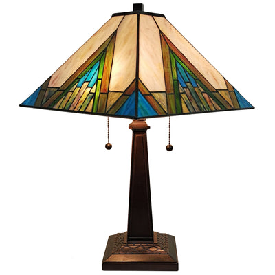 Tiffany Style Table Lamp Banker Mission 23" Tall Stained Glass Ivory Green Antique Vintage AM349TL14
