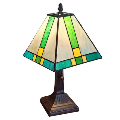 Amora Lighting Tiffany Style Table Lamp Banker Mission 14.5" Tall Stained Glass Green Yellow Blue Antique Vintage Light Decor Nightstand Living Room Bedroom Handmade Gift AM354TL08, 8in Diameter
